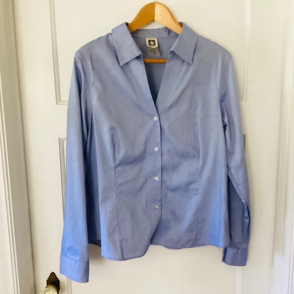 Anne Klein Non-Iron Fitted Button Up Womens L Blue V-neck Collared Blouse Office - Picture 13 of 13